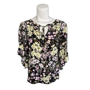 LC Lauren Conrad Black Yellow Pink Floral Flutter Sleeve Pintuck Pleat‎ Top S